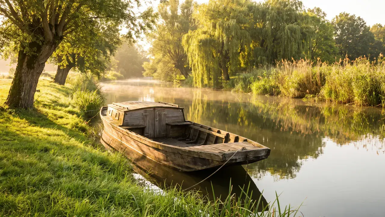 Barca tradicional de fondo plano de madera, amarrada y vacía en el río Charente, en Jarnac, a primera hora de la mañana; reflejos y sauces