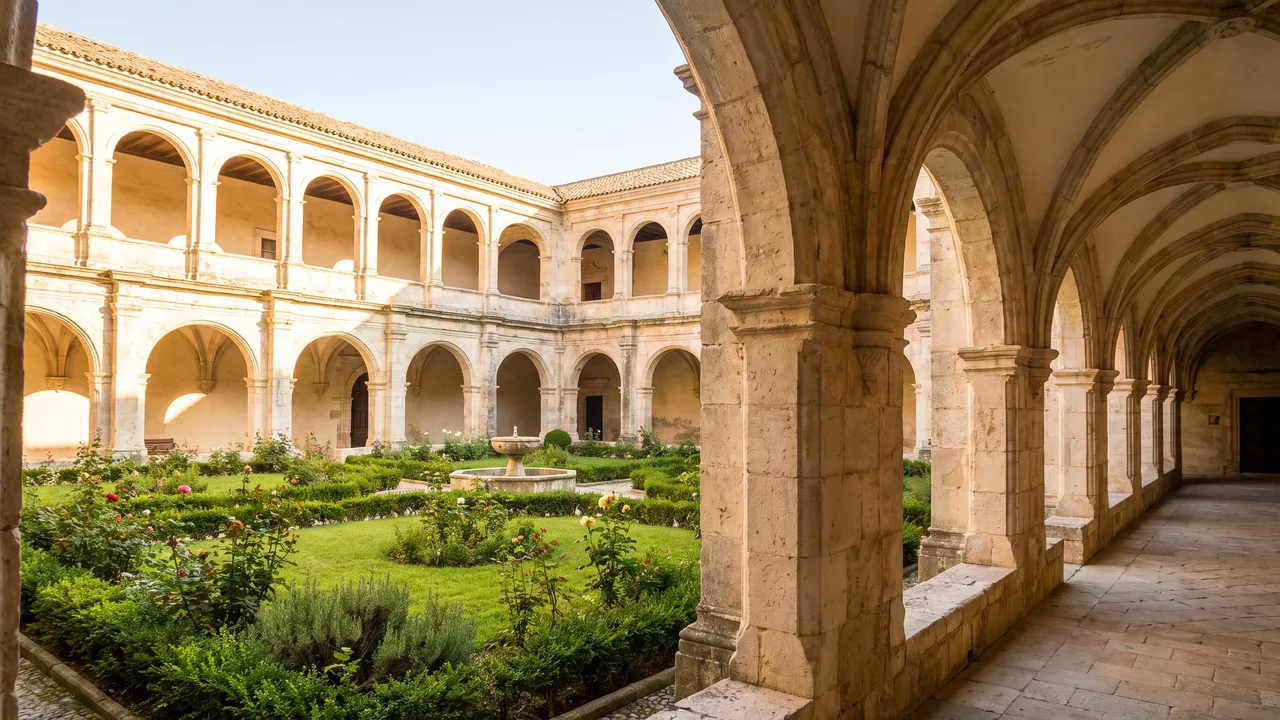 Claustro de piedra clara del convento de los Carmelitas de Jonzac, galerías de arcadas que rodean un jardín interior