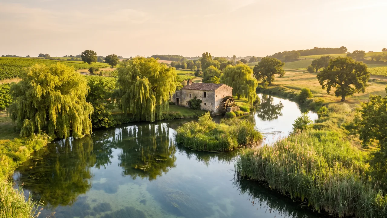 La Seugne en Jonzac, un pequeño río cristalino entre sauces y juncos en un valle verde, con reflejos y una luz suave