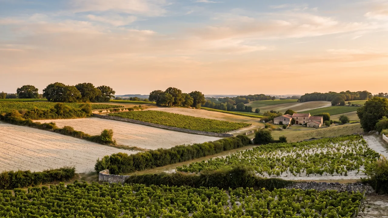 Campiña ondulada de la Haute-Saintonge, cerca de Jonzac, con campos de tierra clara y viñedos, bosquecillos y una granja de piedra