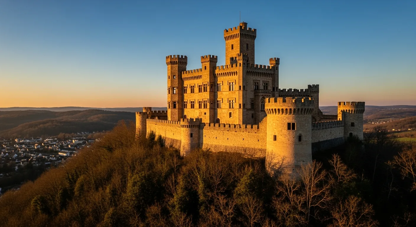 Restos de un castillo renacentista en su colina boscosa, con torres redondas y ventanas esculpidas, que recuerdan al castillo de Beaufort
