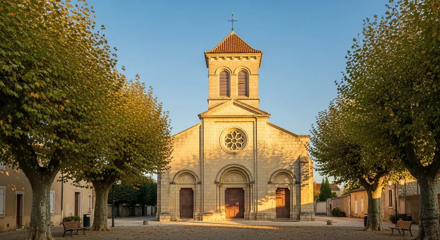 Iglesia de pueblo construida en piedra clara, con fachada clásica y campanario a dos aguas, que recuerda a Saint-Germain de Juillac