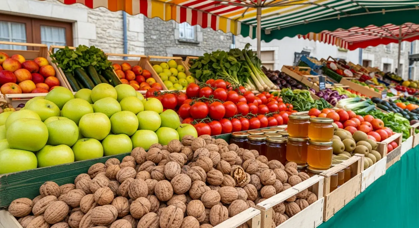 Puesto de un mercado de pueblo: cajas de manzanas Golden, nueces y miel bajo un toldo, como en el mercado de los viernes de Juillac