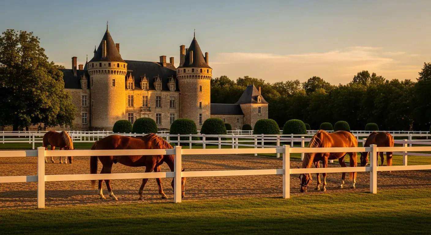Caballos en un prado frente a un castillo medieval, una evocación de la yeguada de Pompadour, situada a una docena de kilómetros de Juillac