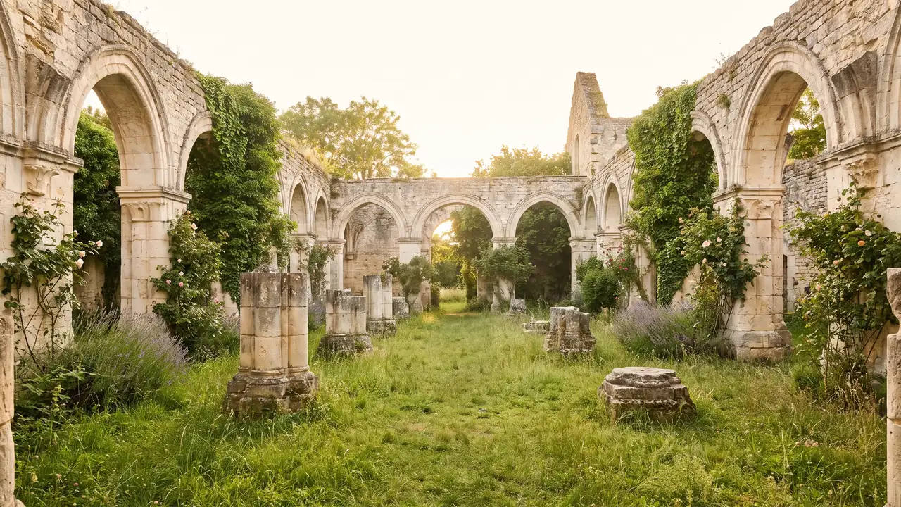 Ruinas del claustro de la abadía de La Couronne, arcadas de piedra erosionadas y bases de columnas alrededor de un patio cubierto de hierba