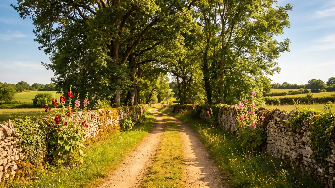 Camino rural bordeado de antiguos muros de piedra y malvas reales bajo los árboles, en Angoumois