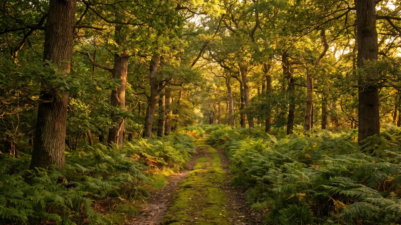 Un tranquilo sotobosque de robles y castaños bañado por una luz cálida, con un tapiz de helechos y un sendero que serpentea entre los troncos