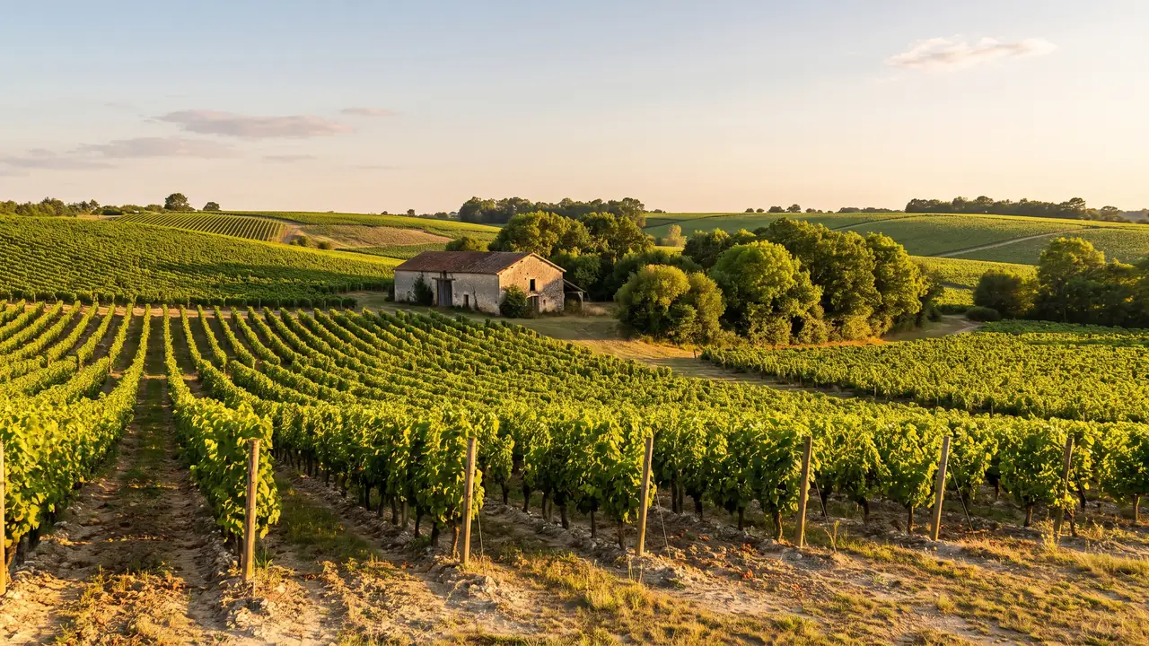 Filas de viñas de coñac en una ladera calcárea de Angoumois, con un follaje de un verde intenso bajo la cálida luz del atardecer