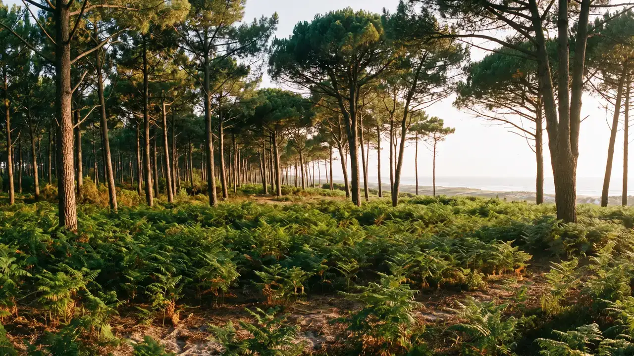 El inmenso bosque de pinos marítimos de La Coubre, con altos pinos paraguas sobre un suelo de helechos y arena, y una cálida luz filtrada