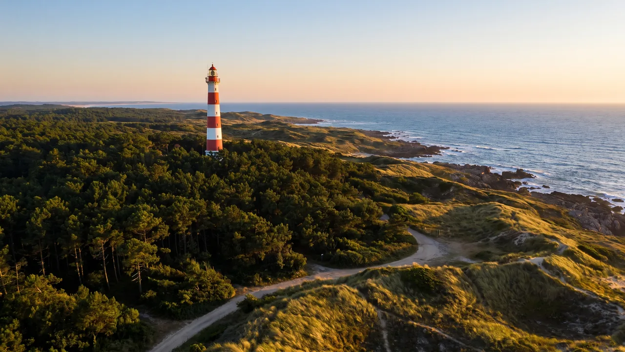 Un faro alto con amplias franjas rojas y blancas que se eleva sobre el bosque de pinos y las dunas cerca del Atlántico, bajo un cielo despejado
