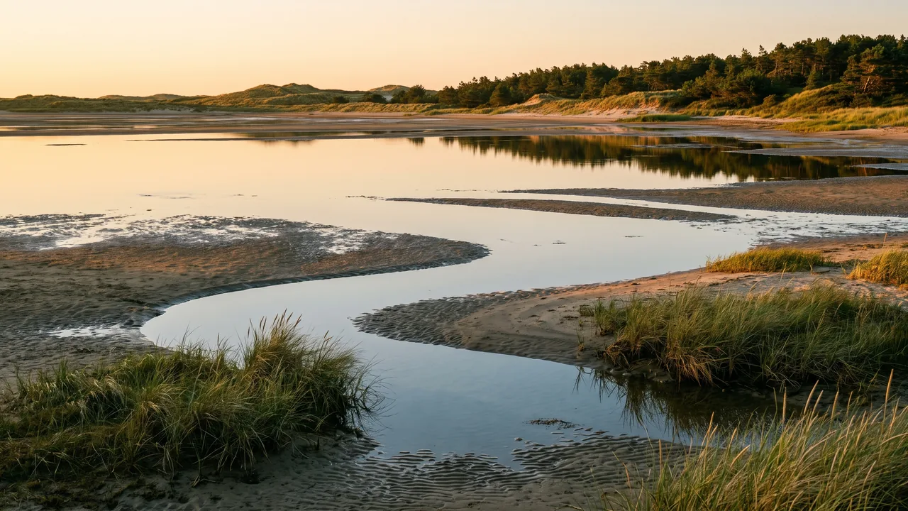 Laguna poco profunda de la bahía de Bonne Anse con marea baja, cerca de las dunas boscosas, agua como un espejo y arena húmeda, luz suave