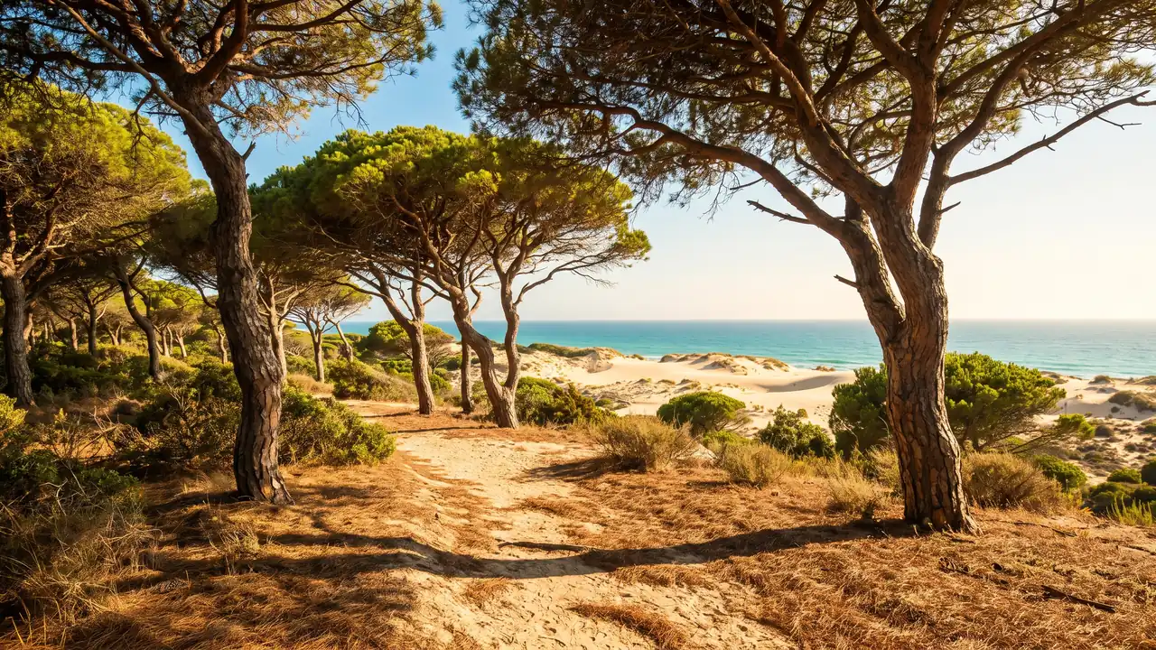 Sendero de arena que serpentea entre los pinos del bosque costero hacia las dunas y el mar, con una luz cálida y dorada