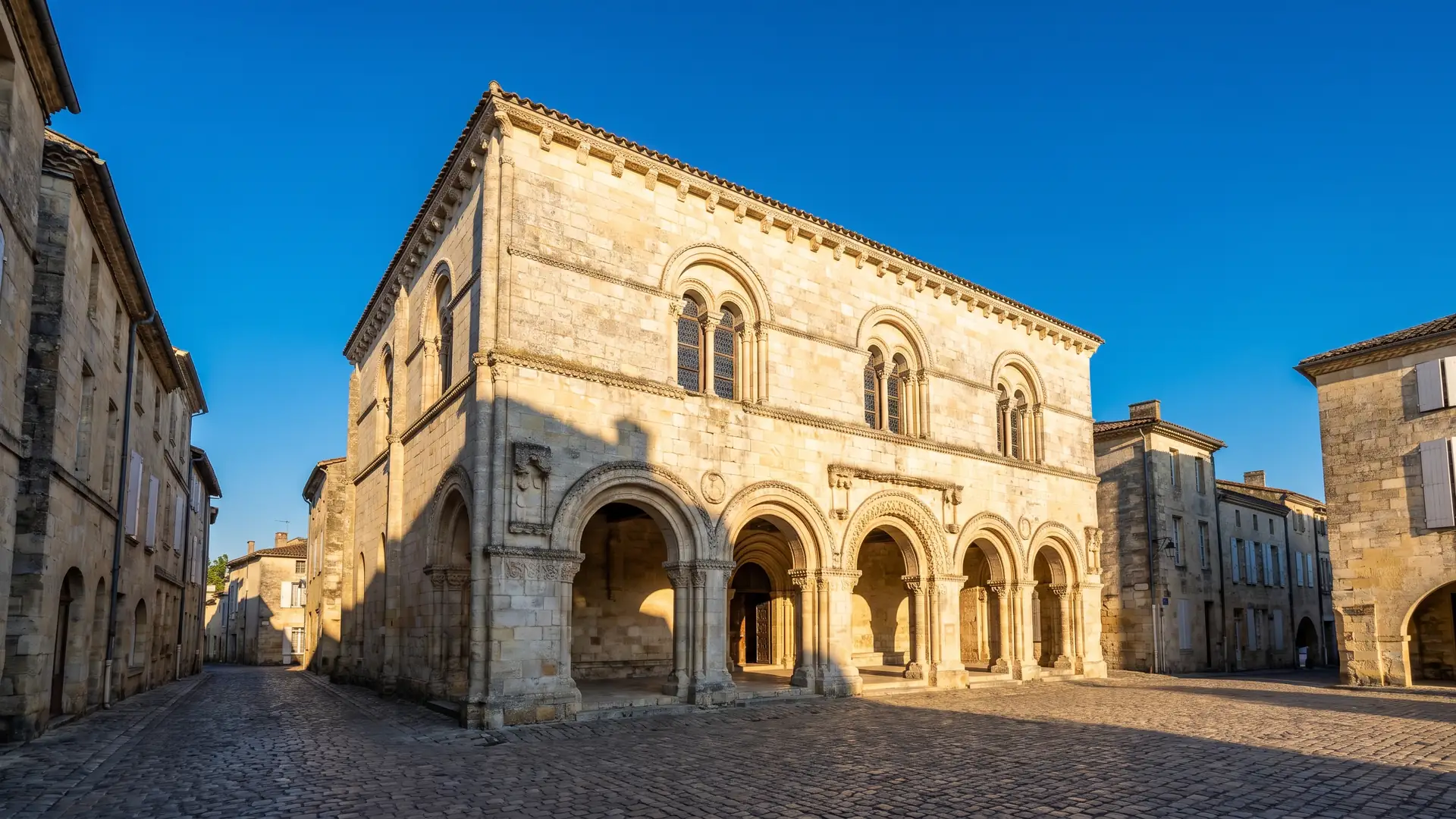 Un edificio civil medieval poco común, construido en piedra clara, con una sala alta con arcadas y ventanas geminadas, en Gironda