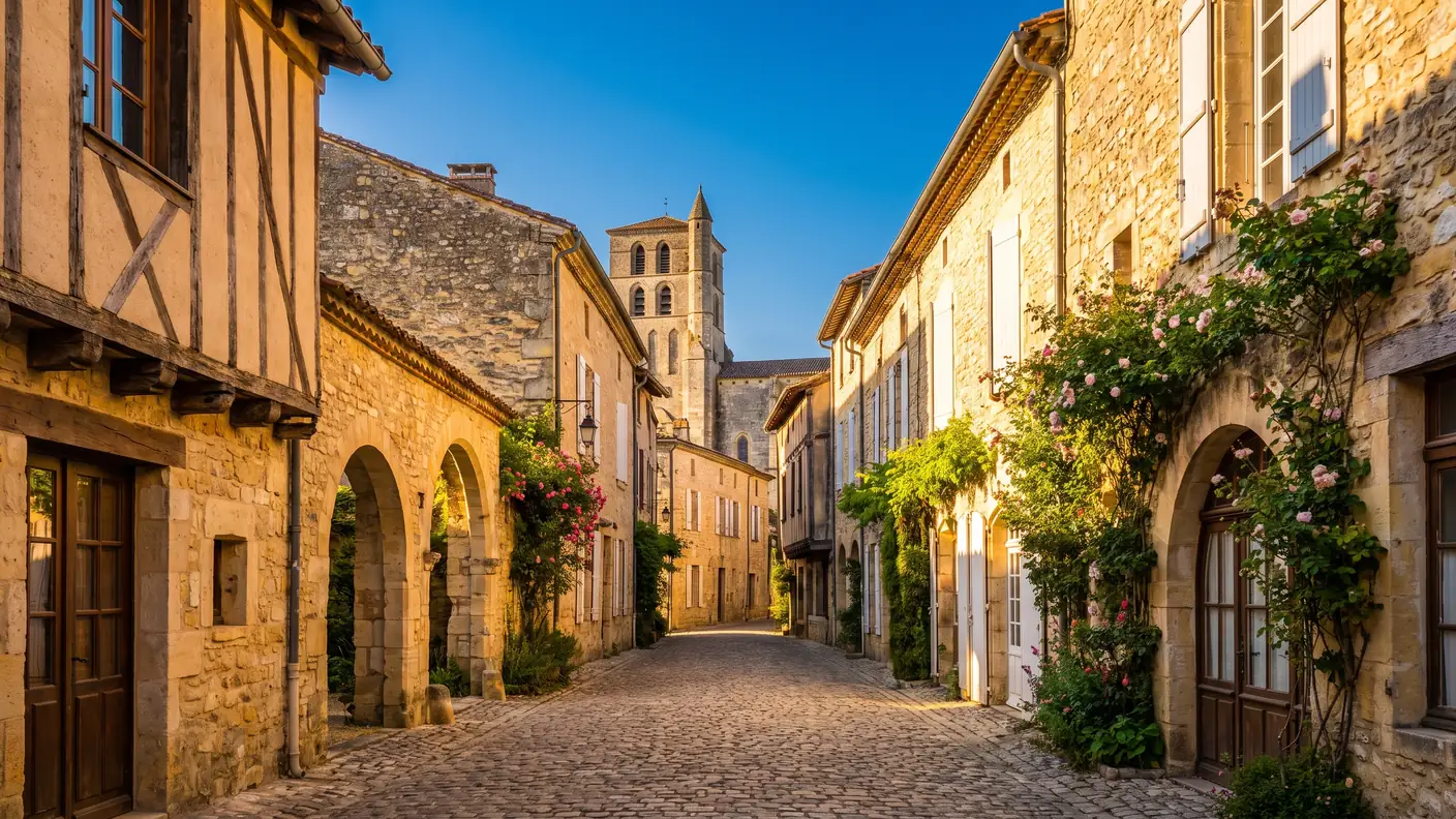 Una callejuela medieval empedrada y empinada, flanqueada por casas de piedra y entramado de madera, en Gironda