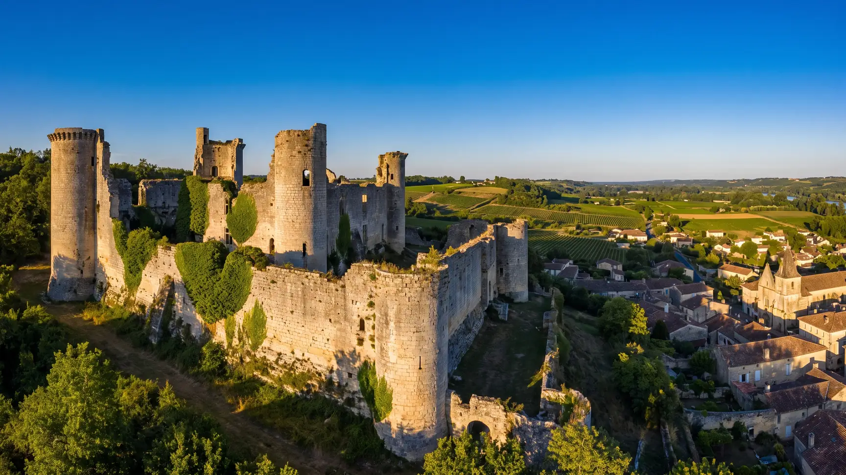 Las ruinas de un castillo fortificado del siglo XIII, con torres de esquina cubiertas de hiedra que dominan el valle del Garona