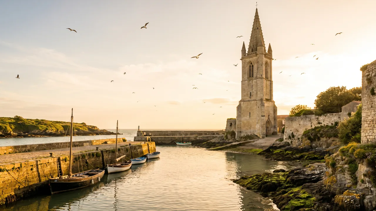 La torre de la Lanterne de La Rochelle, una alta torre gótica de piedra con aguja octogonal, situada a orillas del puerto