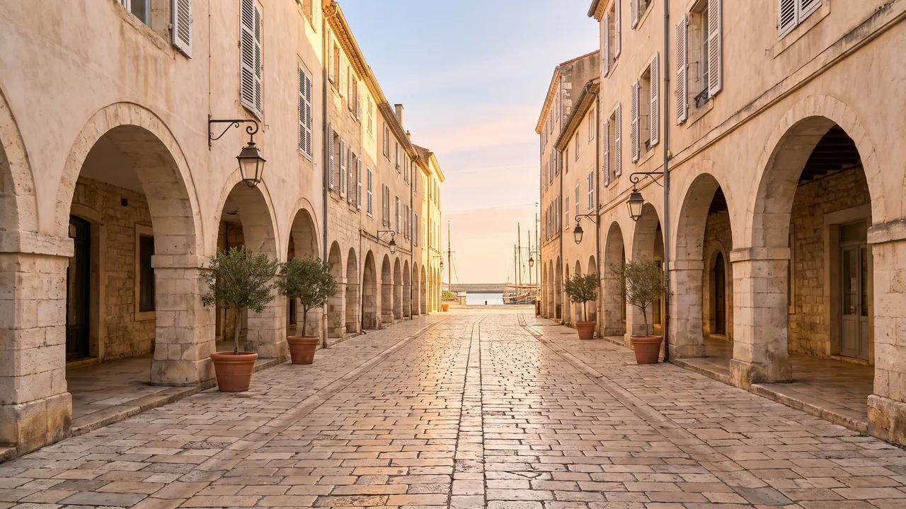 Calle con arcadas del centro histórico de La Rochelle, galerías de piedra clara y fachadas con contraventanas