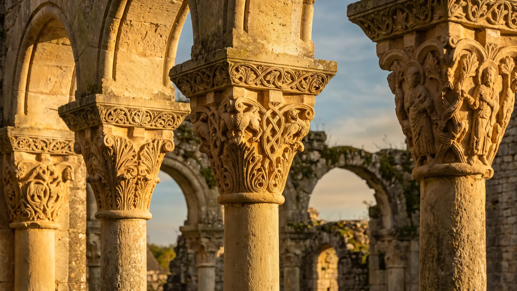Capiteles románicos finamente esculpidos con motivos vegetales y figuras en piedra de color miel, en las ruinas de una abadía