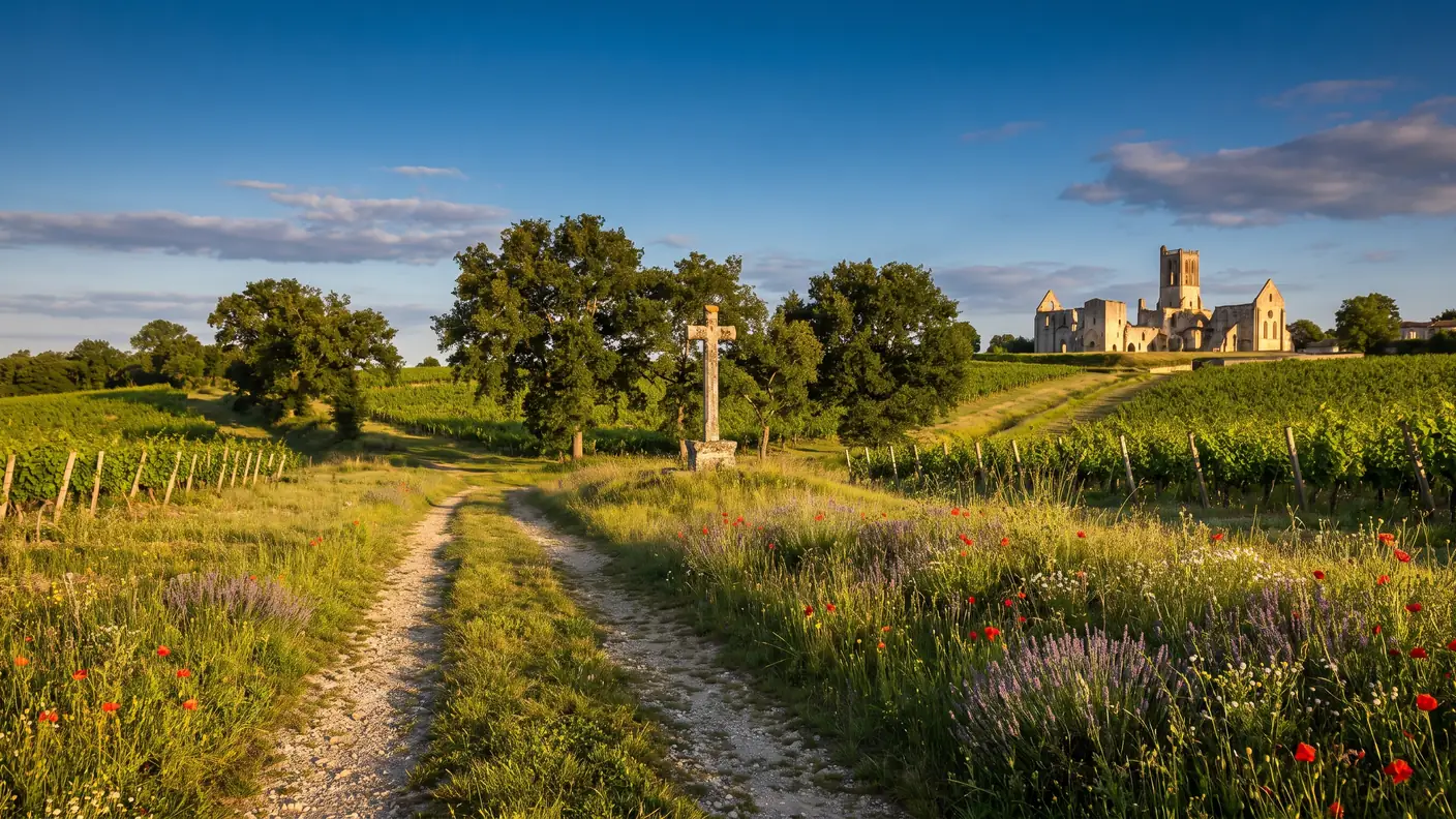 Un camino de Santiago que atraviesa los viñedos de Entre-deux-Mers hacia las ruinas de una abadía en la lejanía