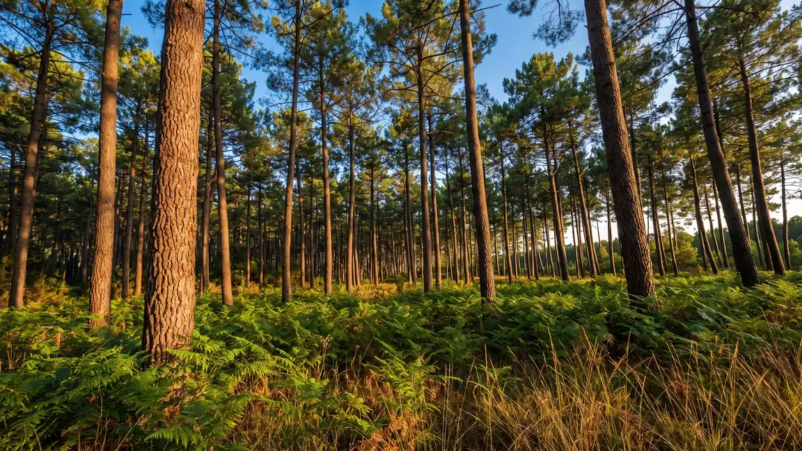 El bosque de pinos marítimos de la costa sur de las Landas, con sus esbeltos troncos de corteza rojiza sobre un tapiz de helechos