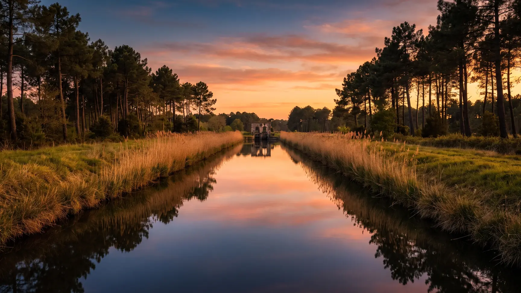 Un canal tranquilo y recto que atraviesa un pantano y un pinar de la costa sur de las Landas, con juncos reflejados