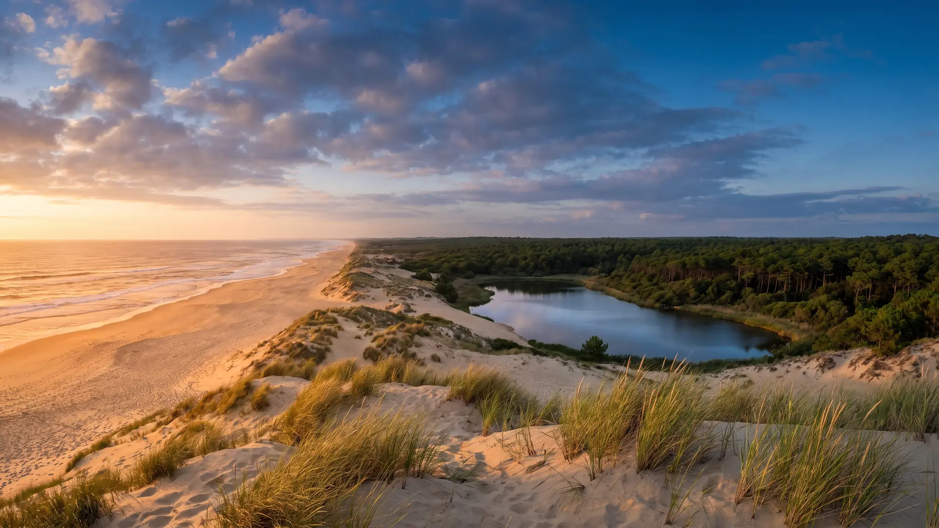 Una vista panorámica de la costa sur de las Landas: la extensa playa oceánica y las dunas bordeadas por un bosque de pinos, con una laguna a lo lejos