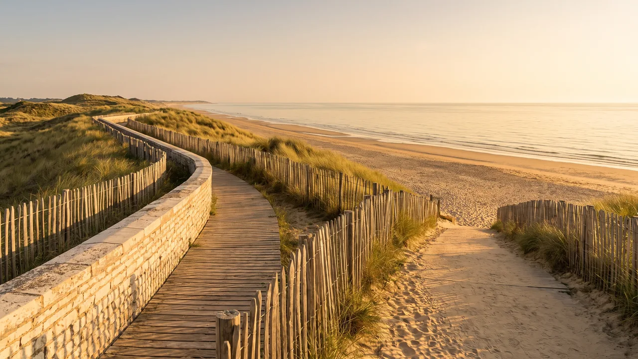 Paseo marítimo de Lacanau-Océan al atardecer, con la explanada y la base de la duna de Ganivelles sobre una amplia playa