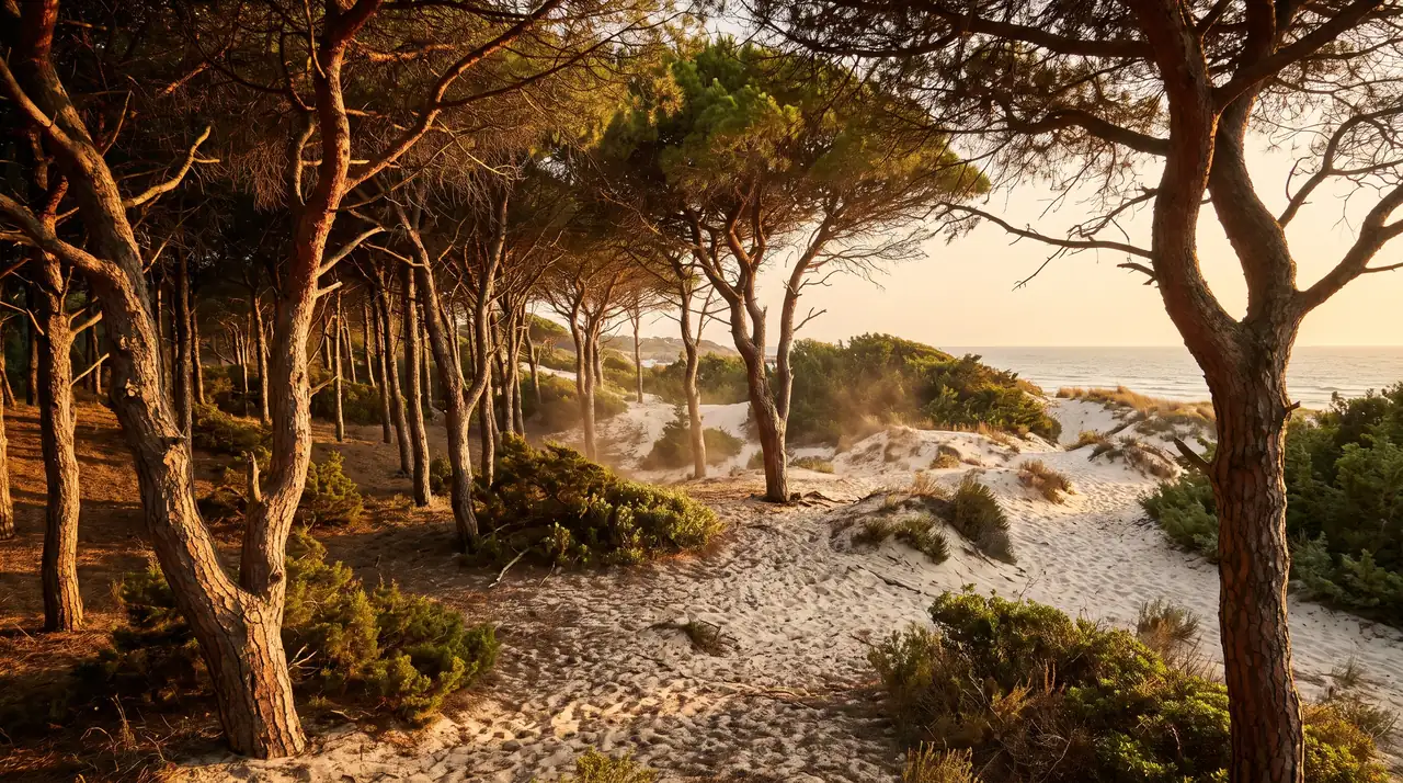 Límite de un bosque de pinos marítimos que se une a la parte trasera de las altas dunas en Lacanau-Océan, luz dorada entre los troncos