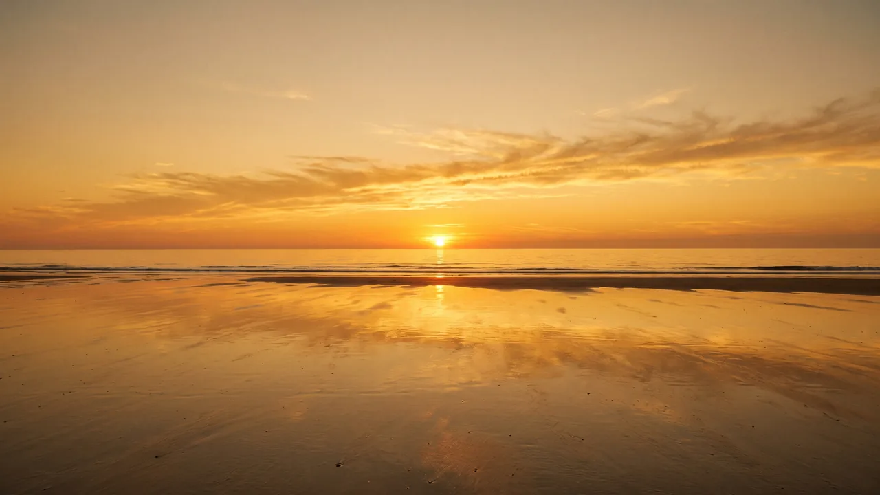 Puesta de sol anaranjada en el horizonte del Atlántico desde una playa desierta de Lacanau-Océan, arena húmeda