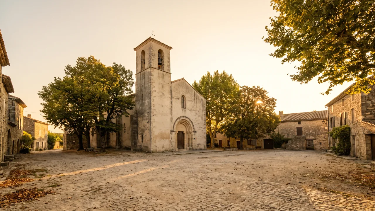 Modesta iglesia antigua de piedra clara en Lacanau, con campanario cuadrado y pórtico de arco de medio punto entre los árboles, luz