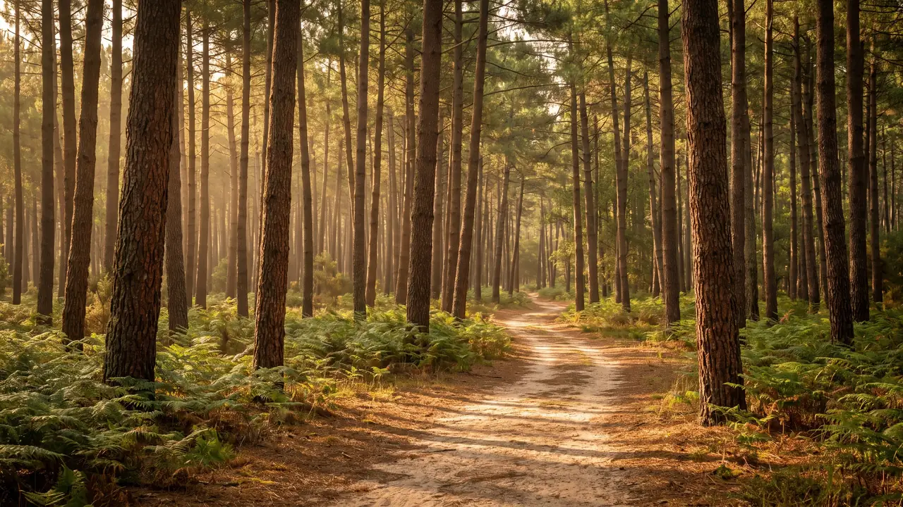 El bosque de pinos del Médoc, atravesado por la carretera de Lacanau — destino del traslado privado Burdeos → Lacanau