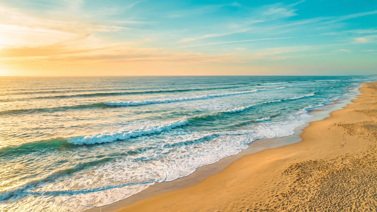 Largas olas del Atlántico que rompen en espuma blanca en una playa desierta de Lacanau al atardecer, agua