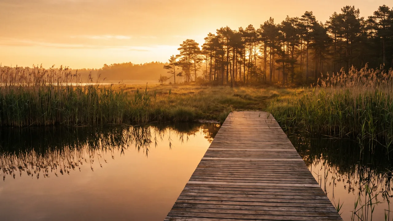 Orilla cubierta de juncos de un lago de agua dulce en Lacanau al atardecer; pequeño embarcadero de madera vacío que se adentra en el agua tranquila