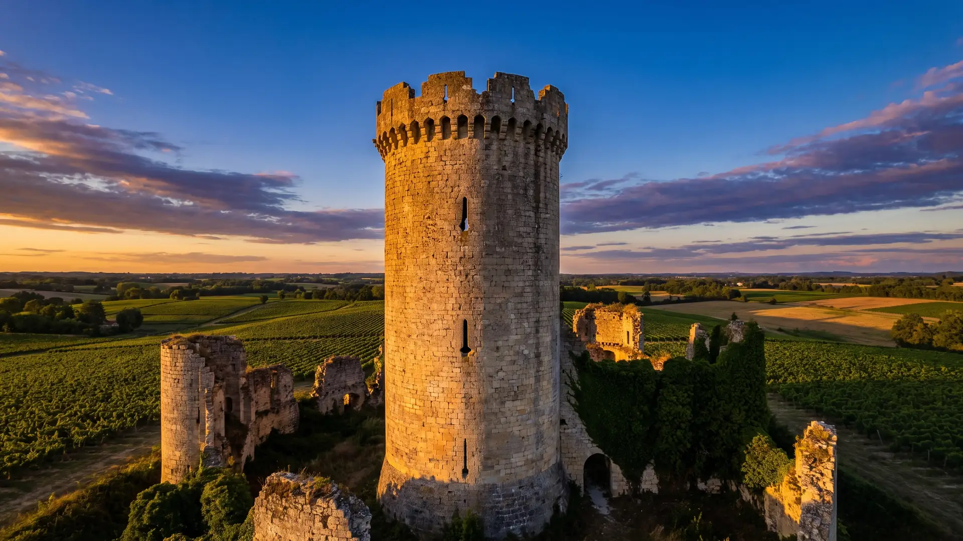 La gran torre del homenaje cilíndrica del castillo de Langoiran, una de las más grandes de Francia, que se alza sobre los viñedos