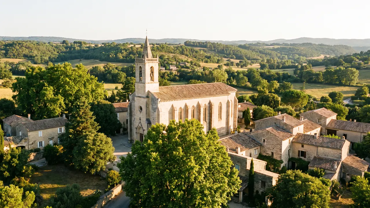Iglesia gótica de San Gervasio de Langon, construida en piedra clara, con un alto campanario cuadrado que se eleva por encima de los tejados bajo una cálida luz