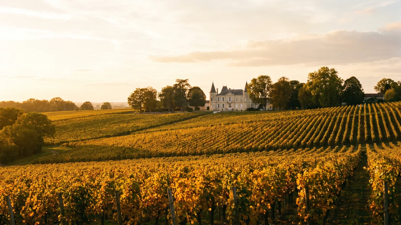 Viñedo dorado de Sauternes en las suaves laderas cercanas a Langon al atardecer, follaje ámbar y un castillo en la lejanía