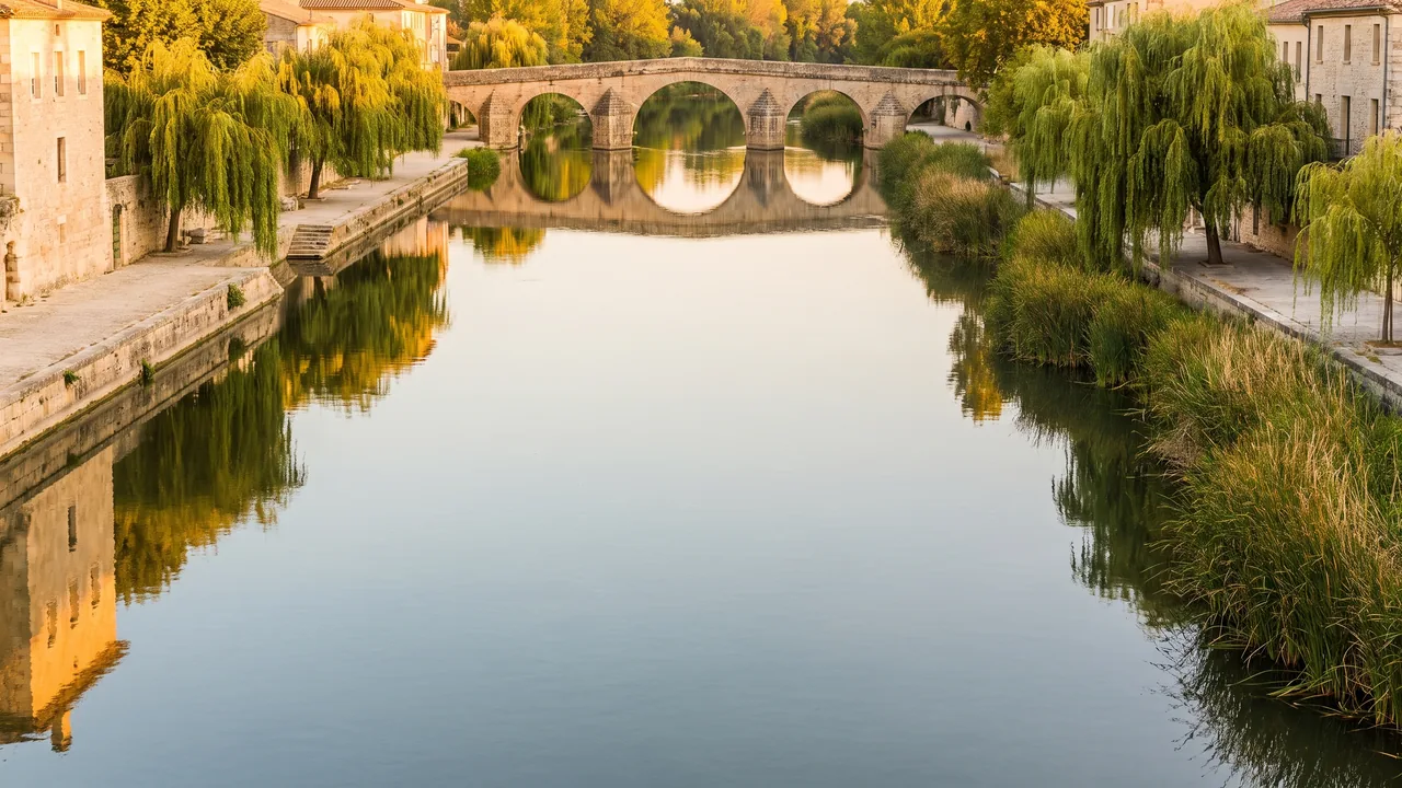 Embarcaderos de piedra a orillas del Garona en Langon al atardecer, puente en arco reflejado en el agua, bordeado de sauces