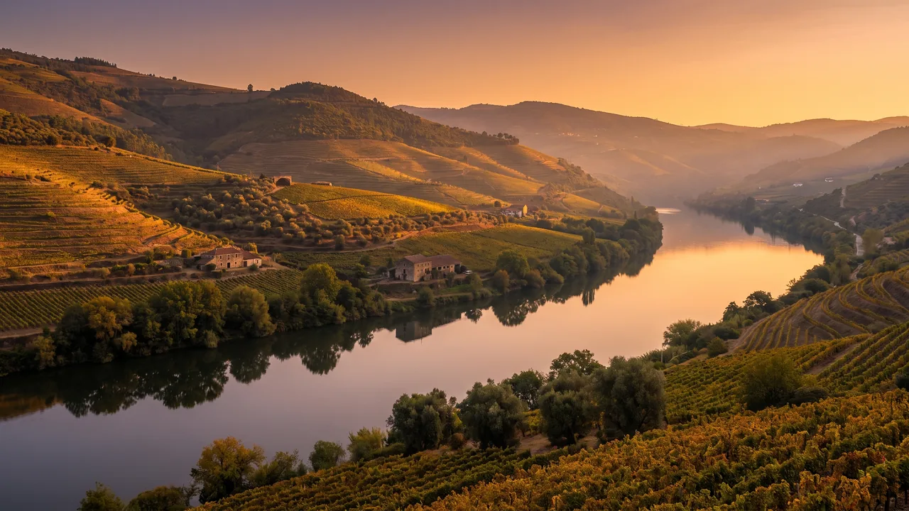 Laderas de viñedos que dominan el valle del Garona, cerca de Langon, al atardecer; laderas escalonadas y bosques