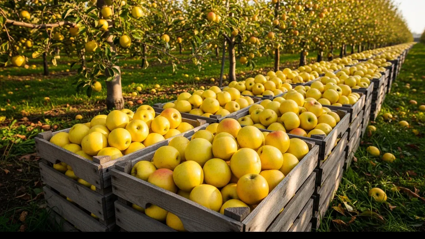 Cajas de madera repletas de manzanas Golden recién recolectadas en un huerto de la meseta de Lanouaille