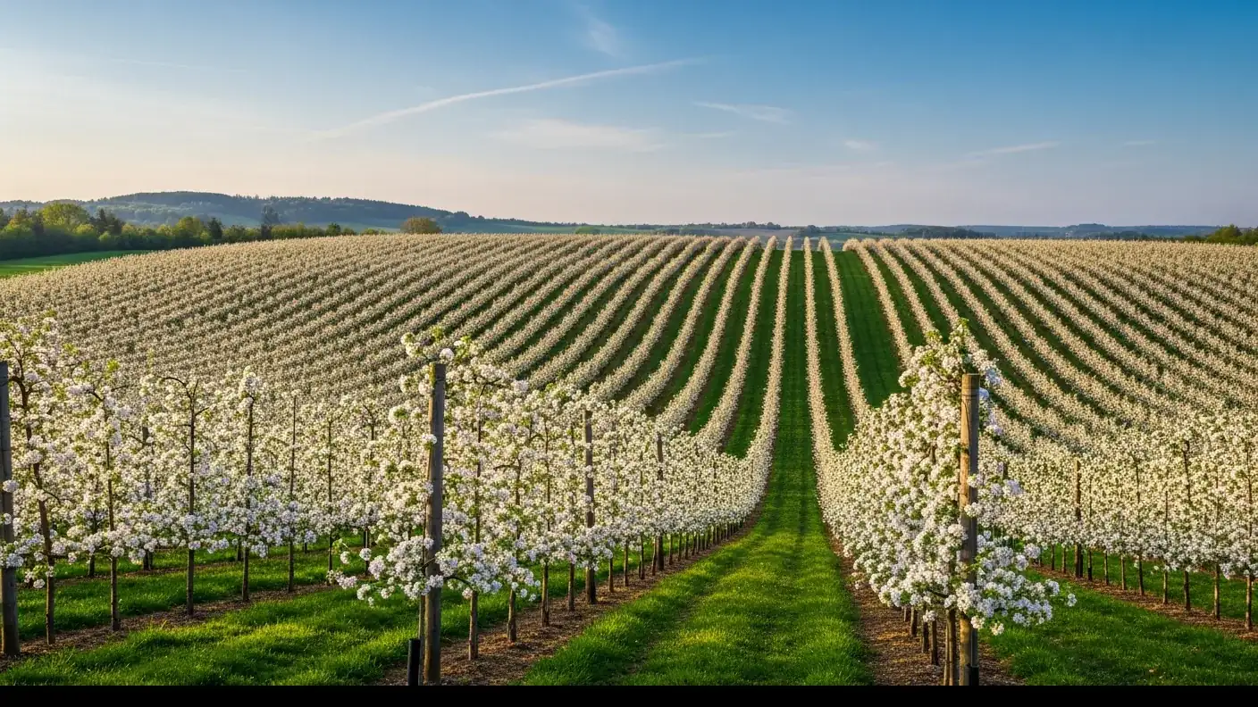 Huertos de manzanos en plena floración blanca en primavera en las laderas