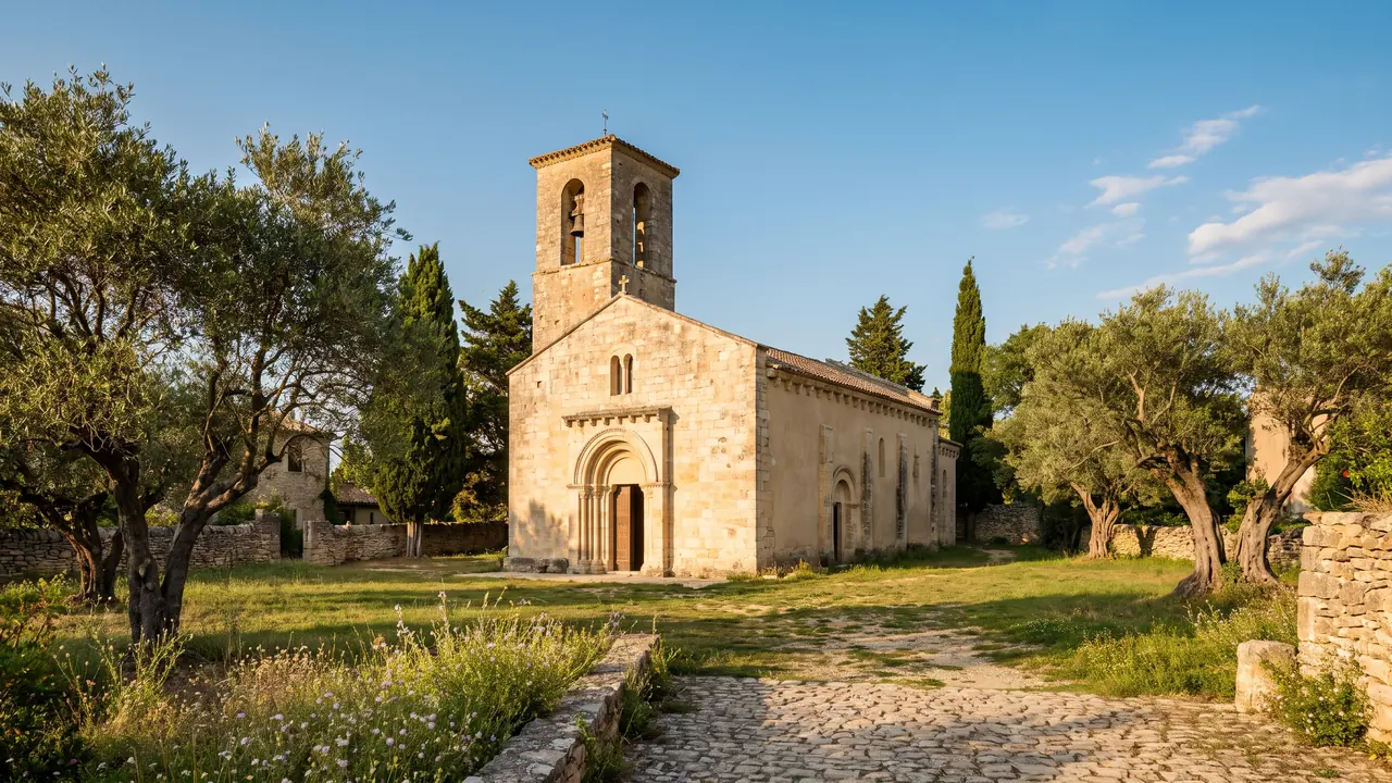 Iglesia románica de Nuestra Señora de Lanton, construida en piedra clara, con cabecera con columnas adosadas y cornisa con modillones