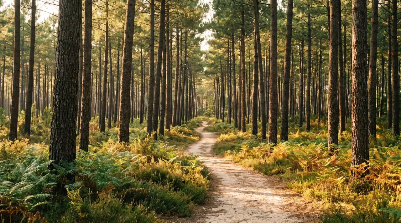 Bosque de pinos marítimos cerca de Lanton, luz cálida, troncos esbeltos, helechos y sendero arenoso