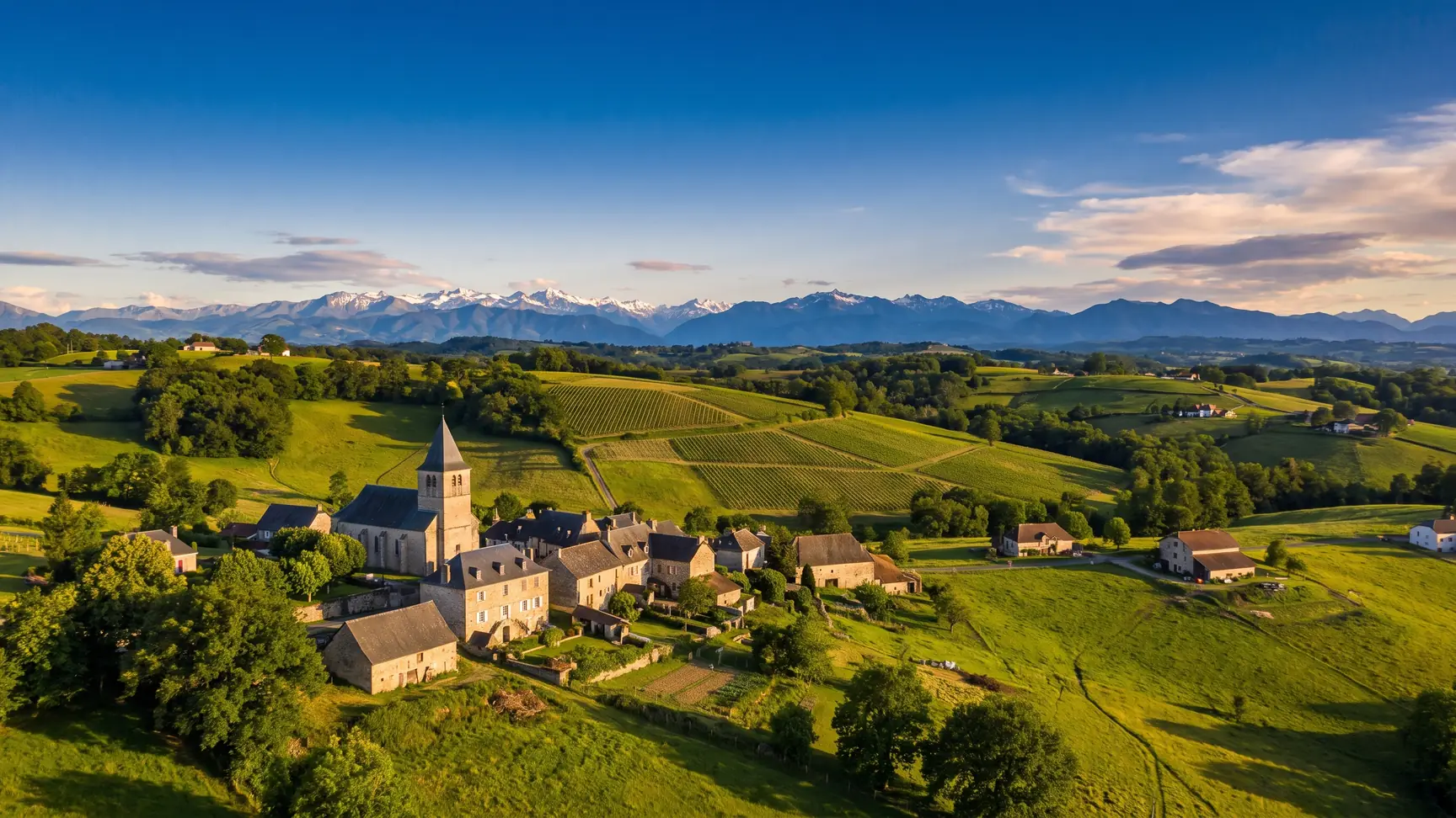 Panorama de Lasseube, sus viñedos y los Pirineos