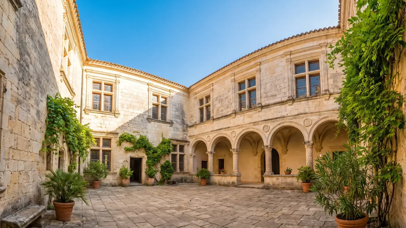 El patio interior renacentista del castillo de Lauzun, con una galería de arcadas y fachadas de piedra esculpida con ventanas con parteluces