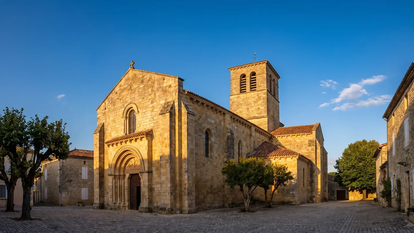 La iglesia de San Esteban de Lauzun, un edificio de piedra color miel con un pórtico románico y un campanario cuadrado, situado en la plaza del pueblo