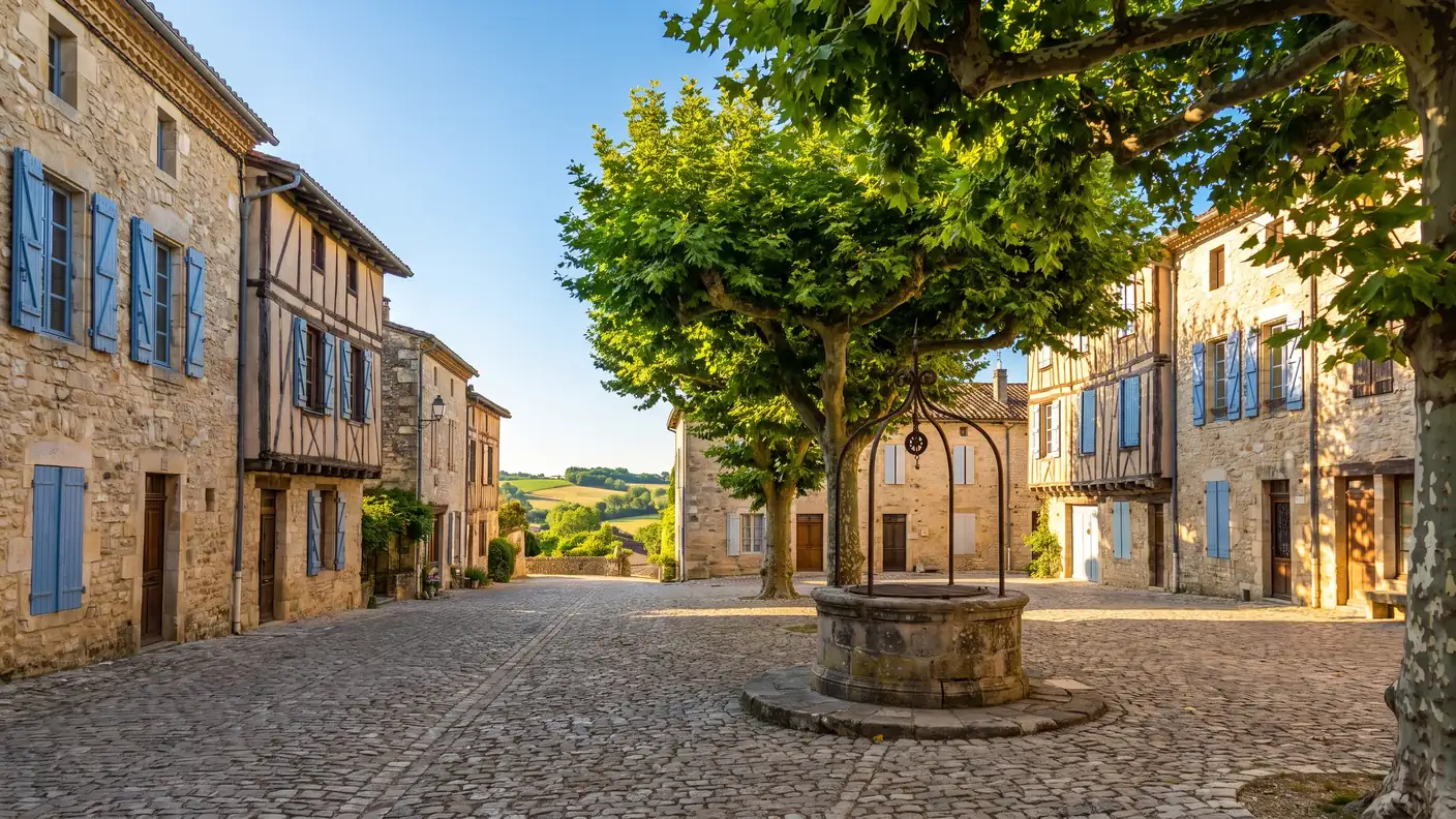 Una plaza del casco antiguo de Lauzun, rodeada de antiguas casas de piedra y entramado de madera, con contraventanas y plátanos.