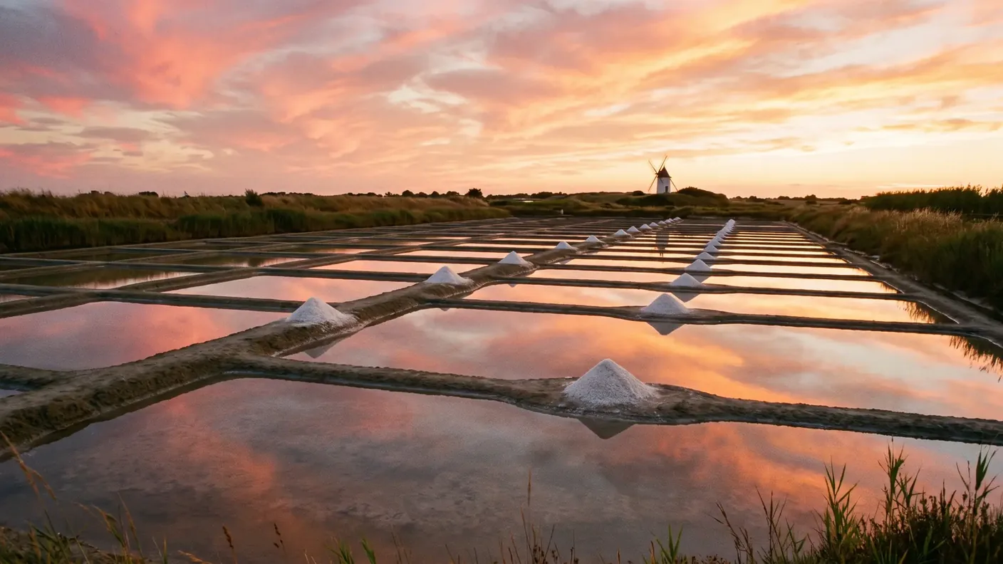 Las salinas del norte de la isla de Ré a la hora dorada, un mosaico geométrico de estanques poco profundos en los que se refleja el cielo