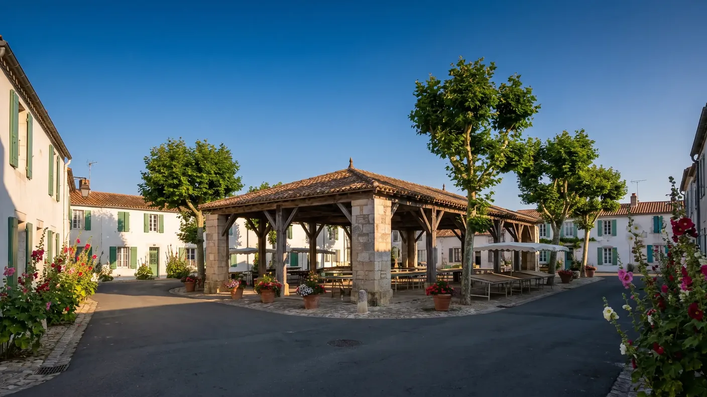 Una plaza de un pueblo de la isla de Ré por la mañana, un antiguo mercado cubierto de piedra y madera con techo de tejas