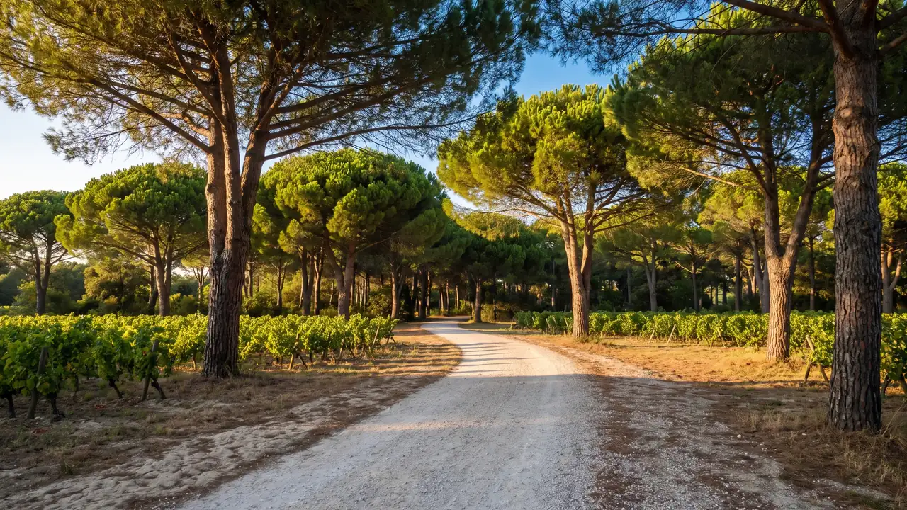 Carril bici entre pinos y viñedos cerca de Bois-Plage-en-Ré