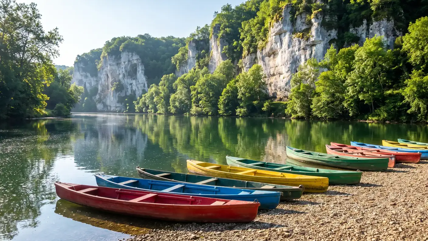 Canoas de colores alineadas en un banco de guijarros del río Vézère, cerca de Le Bugue, con acantilados calcáreos blancos al fondo